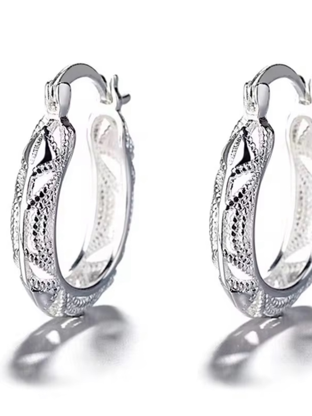 Sterling Silver Textured Hoop Earrings - Silver